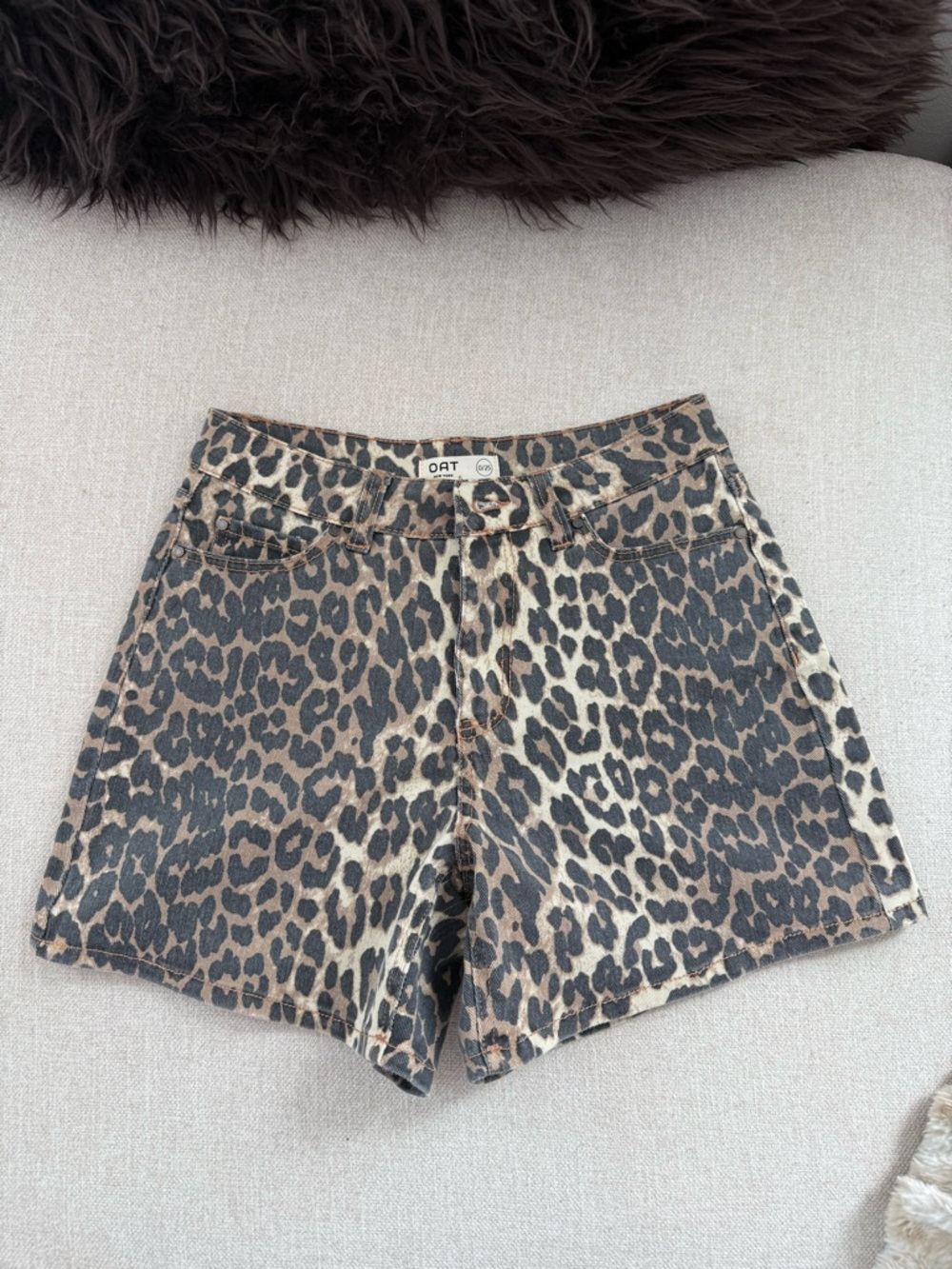 OAT New York Leopard Print Jean Shorts in Brown and Black